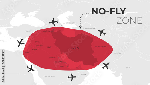 Political map of Iran and the Middle East showing restricted airspace and no-fly zone concept.