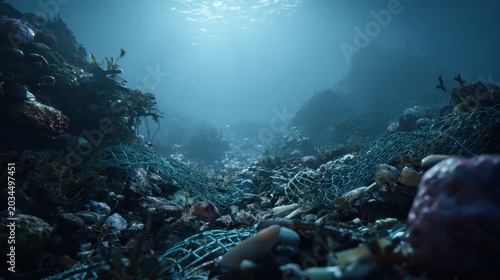 A dying coral reef smothered by discarded fishing nets and debris on the dark ocean floor. AI generated image