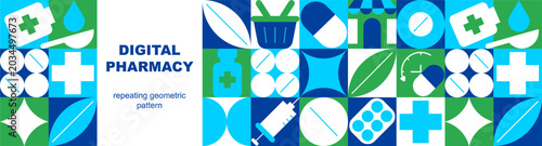 Digital pharmacy seamless geometric pattern, online medicine background, pharmaceutical mosaic banner
