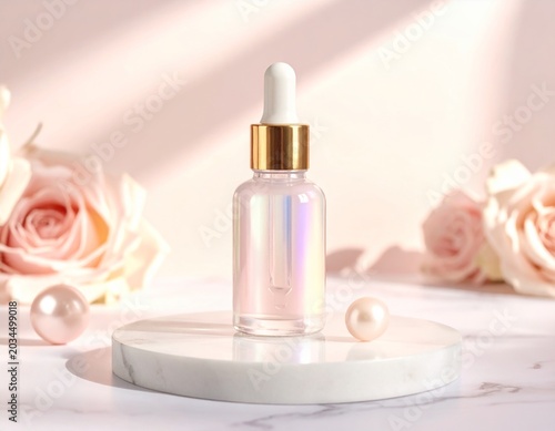 Luminous Serum Bottle on Marble Pedestal with Roses and Pearls