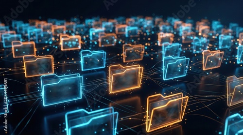 A futuristic network grid featuring glowing folder nodes and secure data flow concept.