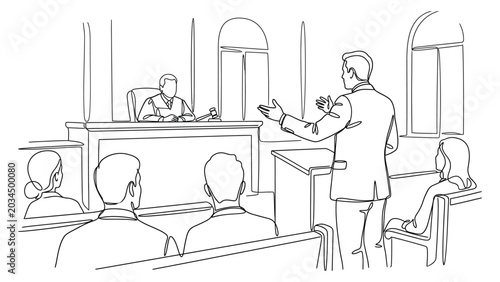 lawyer presenting case in courtroom setting.