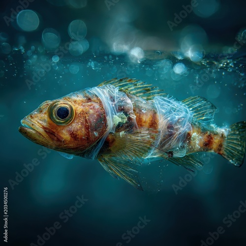 A close-up macro shot of a fish with its body wrapped and trapped inside a discarded plastic bag underwater. AI generated image