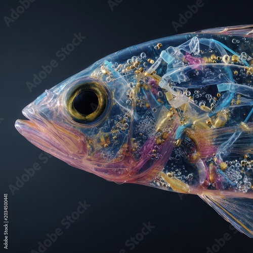 A close-up macro shot of a fish with its body wrapped and trapped inside a discarded plastic bag underwater. AI generated image