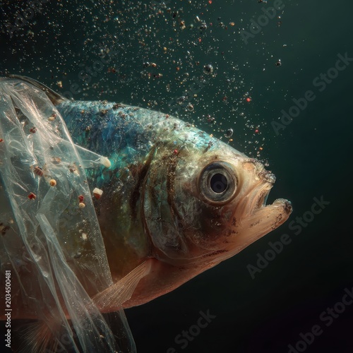 A close-up macro shot of a fish with its body wrapped and trapped inside a discarded plastic bag underwater. AI generated image