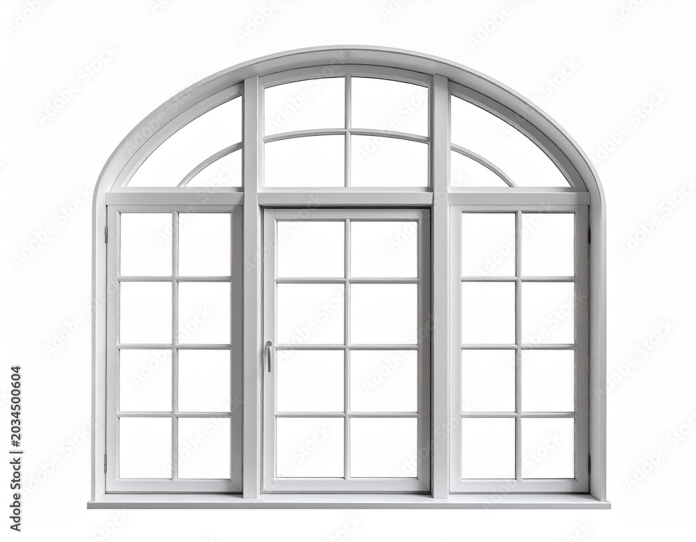 Obraz premium White Arched Window with Grid Pattern Isolated on White Background