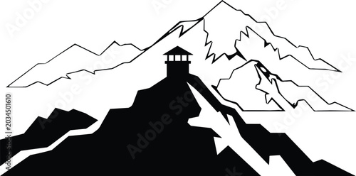 Tableau sur toile Silhouette of a watchtower structure perched atop a jagged mountain peak with a
