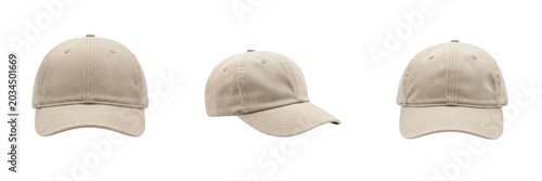 Foto Set of Beige Baseball Caps from Multiple Angles, Blank Headwear Mockup, Isolated