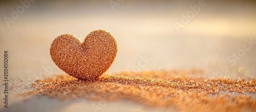 Golden heart on beach sunset; romance, love