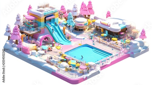 Winter wonderland water park, kids playing, snowy background, family fun, holiday advertisement