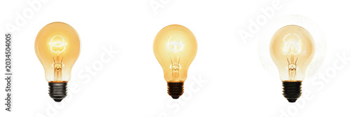 Canvastavla Set of Three Glowing Vintage Edison Light Bulbs with Warm Filament, Realistic Cl
