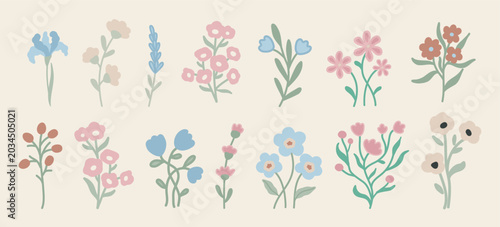Bild auf Leinwand Collection of 14 hand drawn floral clipart elements featuring wildflowers, iris, lavender, anemone and bouquets in soft pastel pink, blue and terracotta