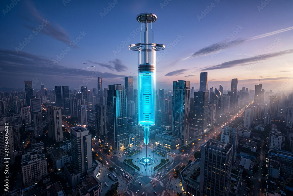Naklejka premium Giant Glowing Syringe Over Modern City Skyline