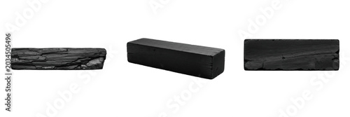Bild auf Leinwand Natural charcoal briquette set black coal blocks wood logs isolated transparent