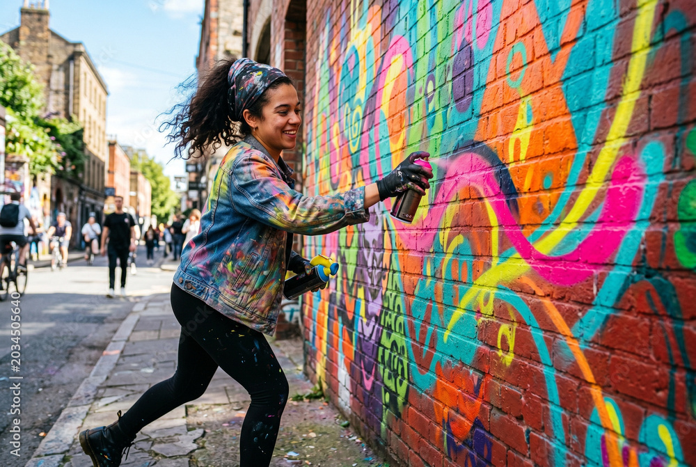 Fototapeta premium Street Artist Creating Colorful Mural on Urban Brick Wall