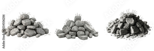 Construction concrete rubble pile set with broken bricks and exposed rebar, destroyed building debris heaps isolated on transparent background for disaster zone architecture game assets and graphics