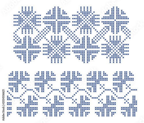 Blue cross-stitch style Ukrainian embroidery from Chernihiv, floral crosses symbolizing harvest and life force