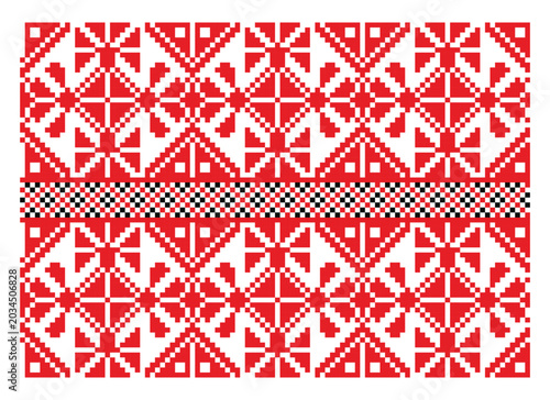 Traditional Ukrainian Chernihiv Polissya region embroidery ornament for vyshyvanka clothes, red cross-stitch with rhombus  symbolic motifs
