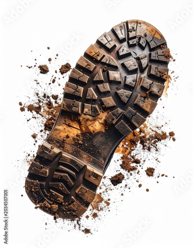 Close Up of Muddy Boot Sole with Brown Soil on White Background