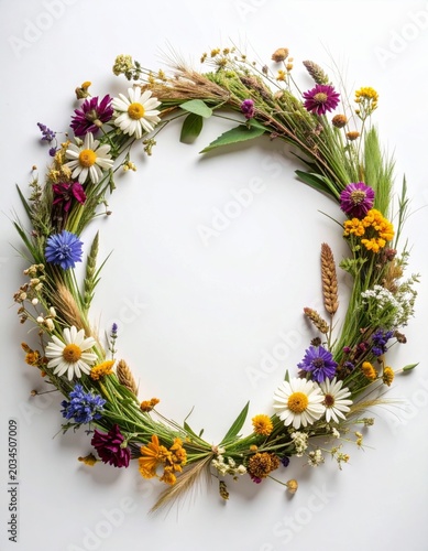 Floral Wreath of Wildflowers on White Backdrop Overhead Neutral Light