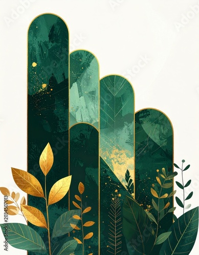 Emerald Green Archway with Golden Botanical Accent on Cream Background