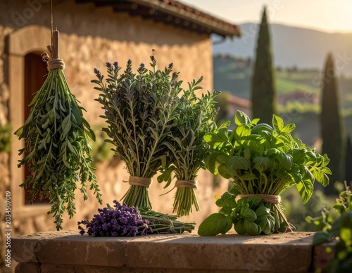 Assorted Herb Bundles on Stone Ledge with Tuscan Style Building Facade