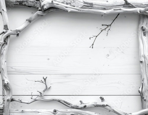 Monochrome Frame Created from Twigs on a White Wood Plank Background