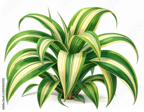 Variegated Pandanus Plant with Green and Cream Striped Leaves Isolated on White