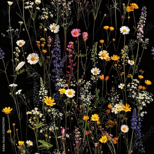 Floral Composition of Wildflowers on Black Background in Warm Light