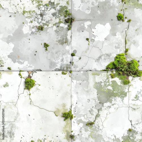 Cracked Weathered Concrete Tiles with Green Moss Growing in Squares Pattern