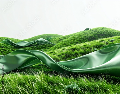 Lush Green Hills with Flowing Fabric Waves in a Meadow Landscape