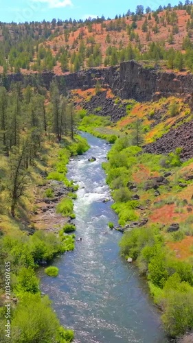 Scenic vertical view of the Deschutes River winding through a high desert basalt canyon, Oregon.