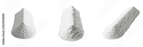 Photos Collection of White Powder Mounds Isolated on White Background, Piles of Fine Gr