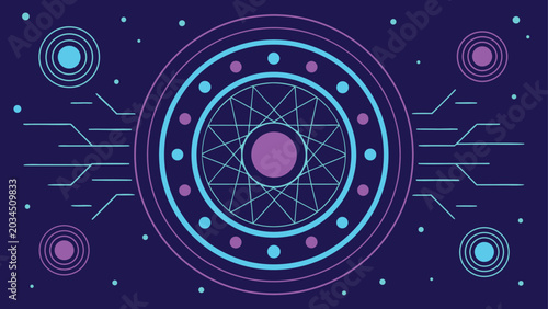 Abstract digital core with glowing nodes and circuit patterns in purple and cyan