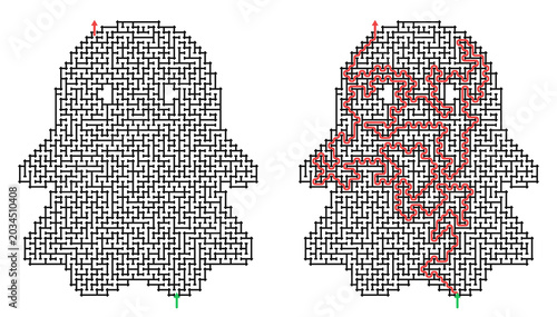 Maze ghost illustration with pathways shown in red and green  