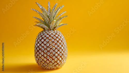A brilliant, diamond-studded pineapple sculpture shines on a vibrant yellow background, representing luxury and unique design.