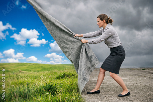 Businesswoman pulling curtain to reveal blue sky and green field