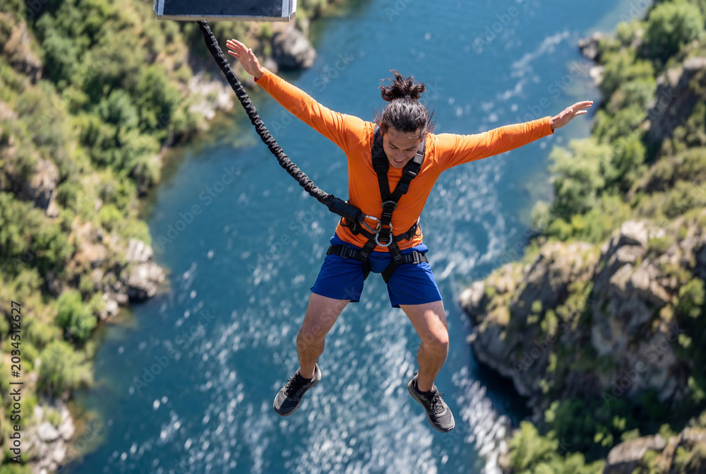 Naklejka premium Adventurer bungee jumping from bridge over canyon and river