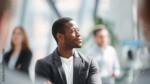 Authentic HR meeting portrait of businessman listening to colleague, blurred coworkers background, realistic corporate atmosphere