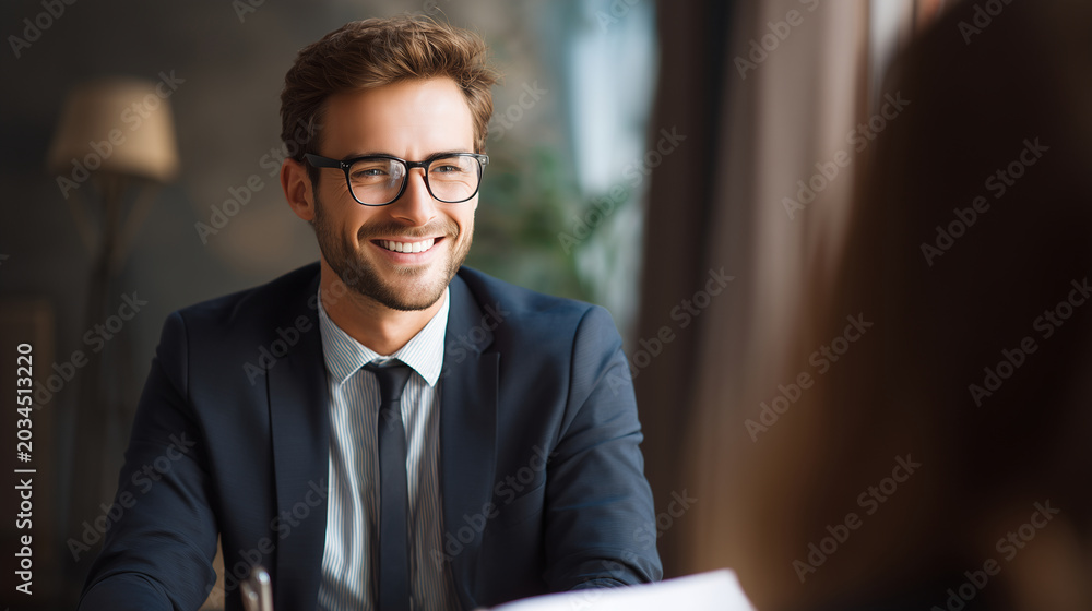 Fototapeta premium Realistic HR corporate portrait of smiling manager during recruitment discussion, soft shadows