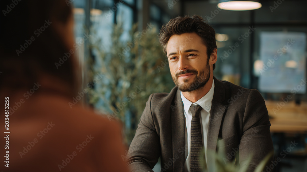 Fototapeta premium Authentic recruitment office portrait of businessman during onboarding conversation, cinematic corporate style