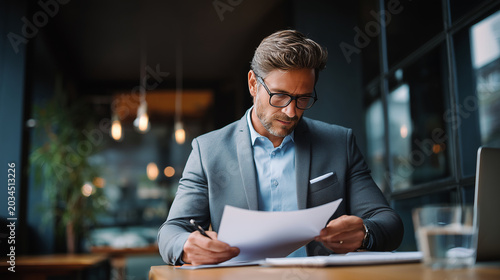 Authentic HR workplace photography of elegant businessman reviewing documents during interview meeting