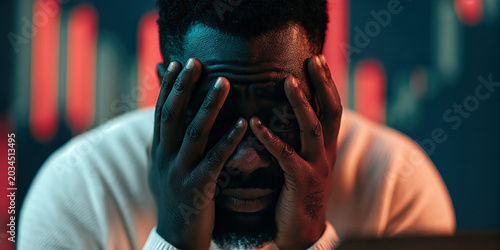 Stressed Man with Hands Over Face, Graph Background, Warm Lighting, Potential Tech Issue
