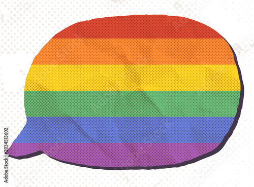 Vector rainbow paper speech bubble with pride flag colors, Crumpled paper LGBT halftone text box graphic design element