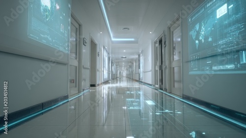 Futuristic hospital hallway featuring glowing blue digital information interfaces and data displays