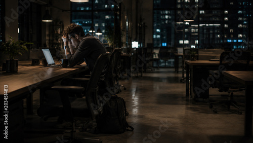 tired man sitting alone in coworking space after hours with backpack on floor