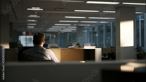 Unrecognized man sit at dark cubicle lit by sunlight, empty office interior, modern workspace, focus on back of head, work solitude, business setting