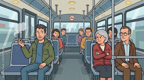 A young man smoking a cigarette inside a public bus, causing anger and annoyance among the passengers under a no smoking sign.
