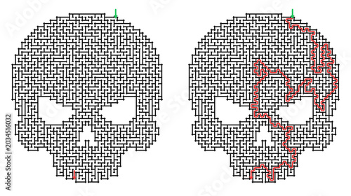Maze skull design with solution, illustrations for Halloween  