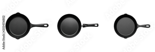 Obraz na płótnie Cast Iron Skillet and Black Frying Pan PNG Set, Top View Kitchen Cookware Clipar